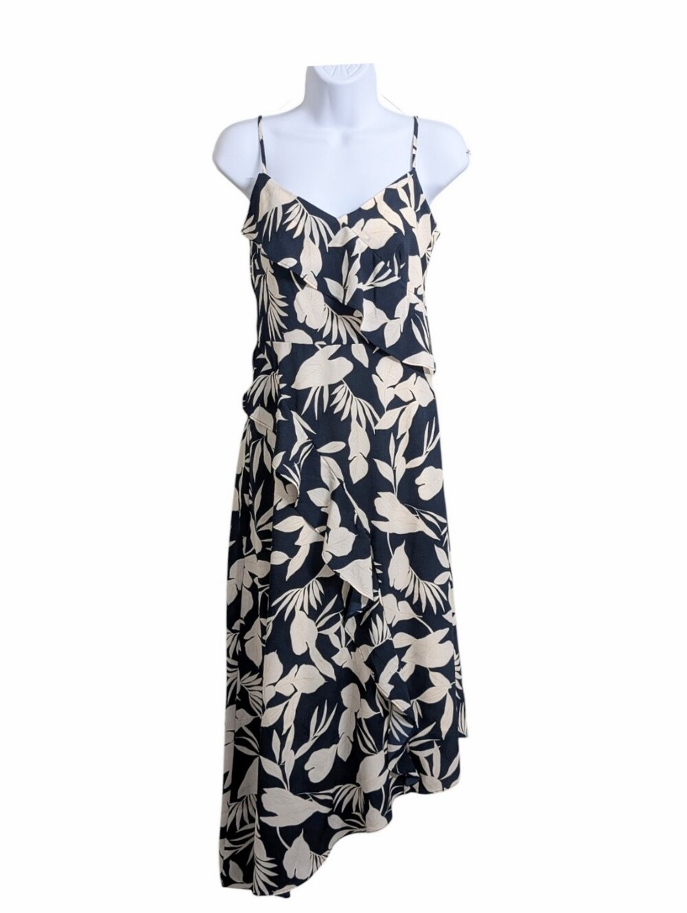 Banana Republic Navy Cream Asymmetrical Midi Dress Size 2 Floral Ruffle Cocktail